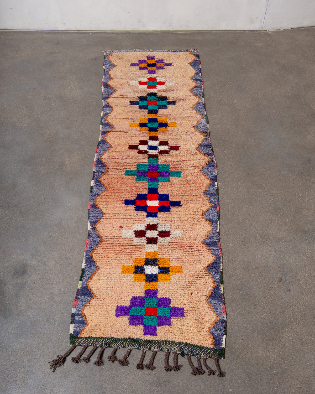 Modern, designer, handcrafted Berber runner rug from Morocco. Vintage carpet with beautiful colours and patterns and fluffy texture.